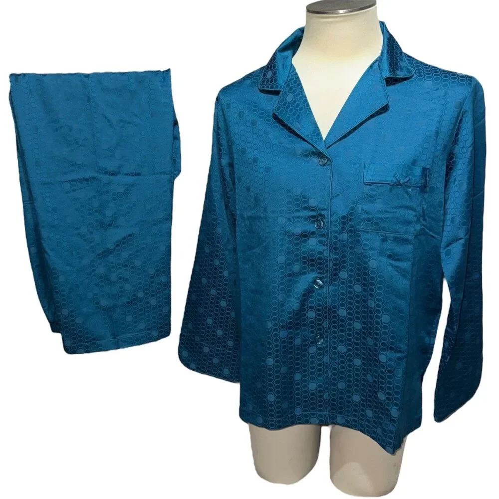 Miss Elaine Teal Long Sleeve Button Up Top & Pants Pajamas Set Women Size S NWT